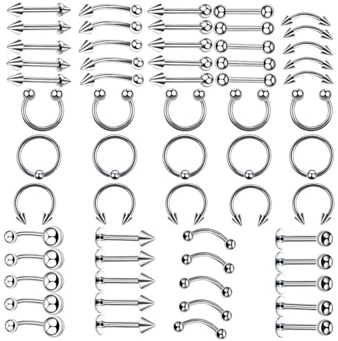 LuLiyLdJ 60 Stück Locher 10 Stile 316L Edelstahl, Bauchnabelringe für Körper, Zunge, Nase, Ohren, Lippen, Edelstahl Zungenpiercing Brustwarzenpiercing