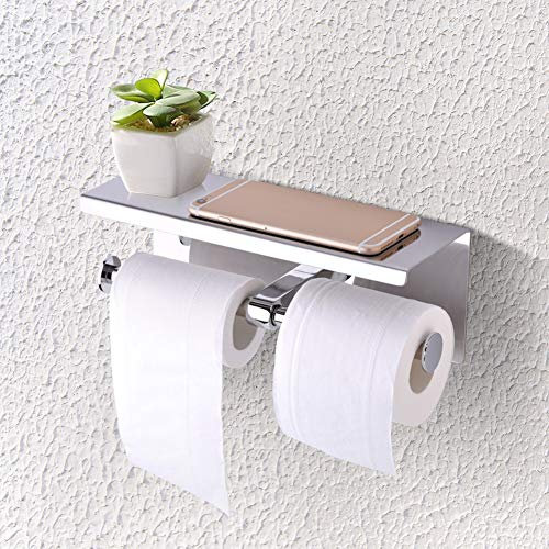 CHEOTIME Double Toilet Paper Holder with Shelf, 304 Stainless Steel Bathroom Double Roll Tissue Holder Wall Mount Commercial Toilet Paper Dispenser Phone Shelf for Bathroom
