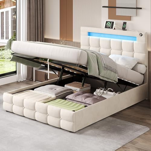 4ft6 Double Upholstered Bed Frame with Hydraulic Lift & Adjustable Height Headboard, Velvet Functional Ottoman Bed with LED Lights & Charging Station, Gas Lift Beds with Storage & Wooden Slats, Beige