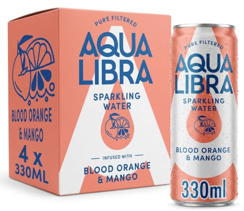 Aqua Libra Sparkling Water Blood Orange & Mango 330ml (Pack of 4 Cans) | Blood Orange & Mango sparkling water with NO sugar, NO sweeteners and NO artificial flavours