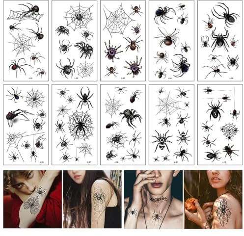 TSUOUKL 100stk Spinnen Temporäre Tattoos, Halloween Schminke Tattoo Schwarz Spinne Tattoo Karneval Spinnennetze Gesicht Tattoos Aufkleber für Masquerade Punk Party Makeup Gruselparty