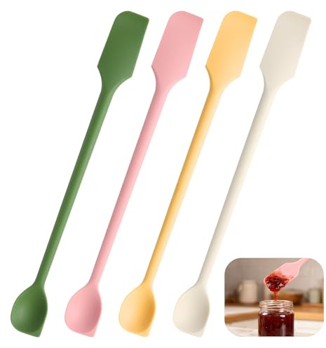 4Pcs Mini Spatulas, Multifunctional Small Silicone Spatula Long Handle Spatulas Jar Scrapers for Kitchen Use, Cosmetics Jars Narrow & Thin Bottles, Reusable Stirrer for Jam & Lotion, Colorful