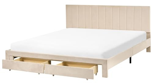 Beliani Modern EU Super King Size Bed 6ft with Drawers Headboard Velvet Upholstery Slatted Base Beige Lonzac