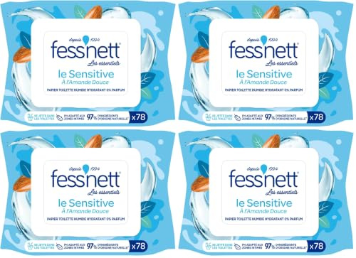 Fess'Nett - Les Essentiels - Sensitive - Feuilles de Papier Toilette Humide Jetable dans les Toilettes - Papier WC Humide - Alternative aux Lingettes - Pack x78 (Lot de 4)