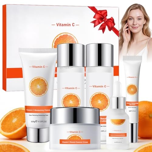 Set de Cuidado Facial 6 Piezas,Vitamina C Skincare Kit Facial Mujer, con Agua de esencia, esencia, sérum, crema para ojos, para Todos los Tipos de Piel Ideal para Regalo para Mujer Beauty