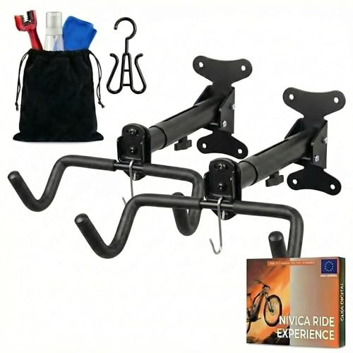 Set 2 Soporte Bicicletas Pared, Soporte de Pared Para Bicicletas, Plegable, Ángulo y Distancia Ajustable, Extra Acolchado, Gancho para Casco y Calas, Con Kit Limpieza y Guía Digital Montaje Rápido