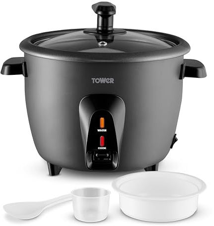 Tower 1.5L/8-Cup Electric Rice Cooker, Serves up to 16 Portions, Non-Stick Easy to Clean Aluminium Pot, One-Touch, Keep Warm Function, Steamer Basket, Measuring Cup & Spoon, 500W, Black, T19061BLK