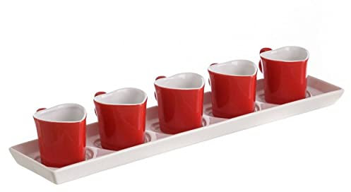 Hogar y Mas Juego de Café de Cerámica con Cinco Tazas con Forma de Corazón Rojas y con Bandeja 50 ML