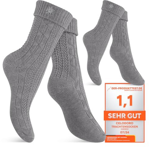 Celodoro Damen und Herren Trachten Socken (2 Paar) mit Edelweiß-Pin Oktoberfest Strümpfe - Grau 35-38