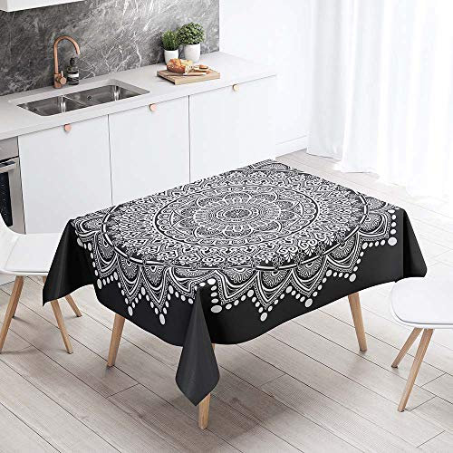 Chickw1 Tischdecke Abwaschbar Böhmen, Wasserdicht Polyester Rechteckig Fleckschutz Ölfest Abwaschbar Pflegeleicht Gartentischdecke - Farbe & Größe wählbar (Schwarzer weißer Lotus,140 * 220cm)