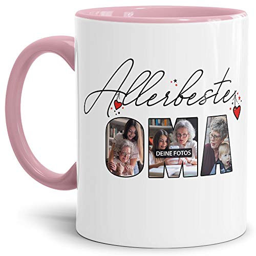 Tassendruck Fototasse mit Spruch - Allerbeste Oma - zum Selbst gestalten mit Foto-Collage für 3 Fotos, Innen & Henkel Rosa, 300 ml