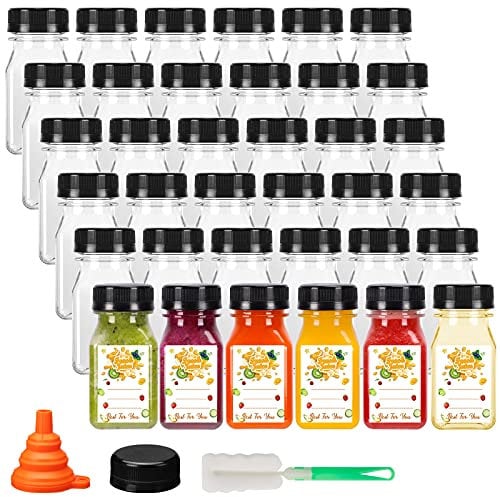 BAKHUK 36pcs 4oz Mini Plastic Juice Bottles with Caps, Empty Reusable Clear Bulk Beverage Containers for Juice, Milk and Other Beverages
