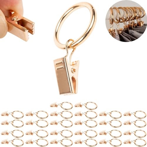 Gardinenklemmen mit Ringen, 30 Stück, in Gold-Farben, Ø 25 mm Innendurchmesser Gardinenringe, Vorhang Ringe mit Klammer Haken, Gardinen Klemmen mit Aufziehringen, für 25 mm Dicke Gardinenstangen