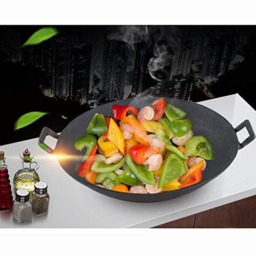 ksamwjf Gusseisen-Wok Gusseisen-Wok-Pfanne für den Haushalt, altmodisch, Doppelohr, verdickt, irdener Herd, runder Boden, spitz, heißer Topf, Wok, kommerzielles Wok-Gas, PhotoColor-70CM