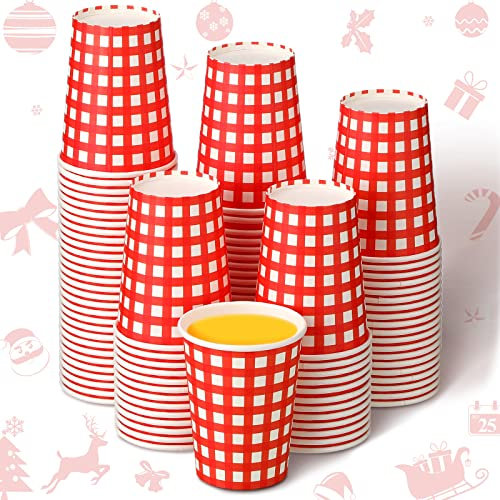 100 Stück 266 ml rot und weiß karierte Pappbecher Karierte Einwegbecher Weihnachten Party Tasse Rot Gingham Kaffee Tee Trinkbecher Party Zubehör für Weihnachten Picknick Urlaub Hochzeit Geburtstag