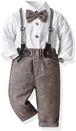 Volunboy Baby Jungen Anzug Set Bekleidung Hemd mit Fliege + Hosenträger Hosen Strampler Anzug(6-7 Jahre,Weiß-Khaki,Größe 140)