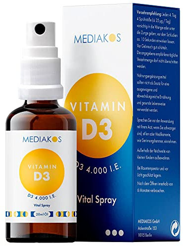 Mediakos® Vitamin D3 Spray mit MCT-Öl - Hochdosiertes & Geschmacksneutrales Vitamin D Präparat - Sonnenvitamine für Immunsystem, Zähne, Muskeln und Knochen (20ml)