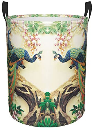 Orientalischer Aufbewahrungskorb mit Pfau auf Blumenbaum, runder Korb für Wäschekorb, Schlafzimmer, Kleidung, mittelgroß, Badezimmer, Schlafzimmer
