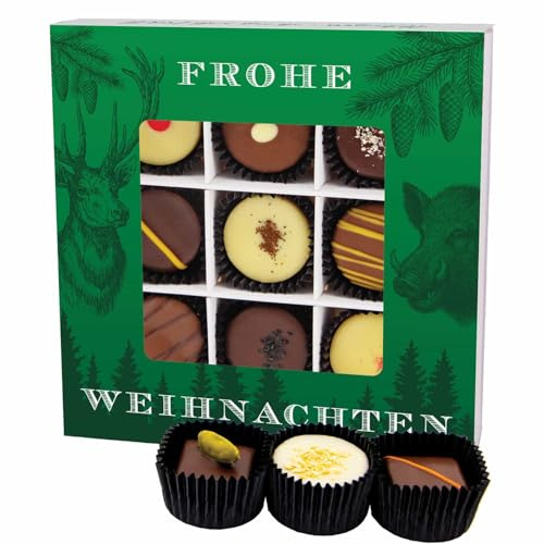 Hallingers Genuss Manufaktur Pralinen Weihnachts-Geschenk - mit & ohne Alkohol, handmade aus Edelkakao in wertiger L-Geschenkbox Frohe Weihnachten, Weihnachten für Jäger