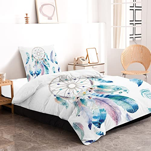 MUSOLEI Housse de Couette 140x200 Attrape Rêve Housse Couette Attrape Reve Parure de Lit 1 Personne Bleu Blanche 3D Imprimé en Microfibre avec Fermeture Éclair avec Taie d'oreiller 65x65 Cadeau Fête