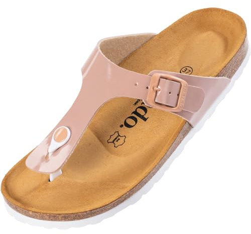 Palado Damen Zehentrenner Kos Lack - Pantoletten Made in Spain - elegante Sandalen mit Kork-Fußbett - modische Sommerschuhe Rosa UK4,5 - EU37