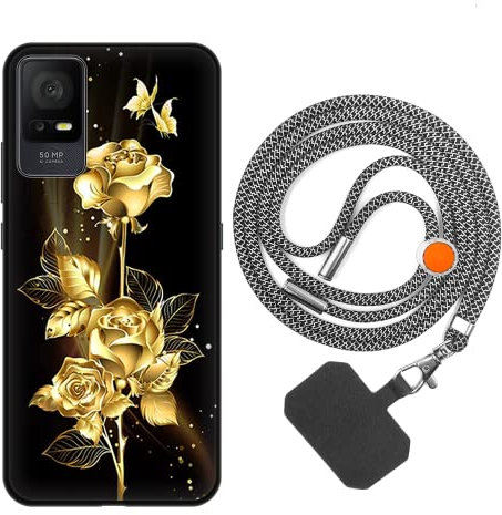 vingarshern Coque Compatible avec TCL 408 Antichoc Silicone Bumper Case Étui de Protection Housse Coque avec Motif,Souple Coque avec Cordon Detachable,Fleurs dorées