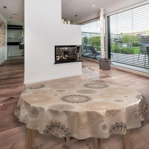 laro Rund 140 cm Wachstuchtischdecke Tischdecke Abwaschbar PVC Mandala Beige Rund 140cm, Muster:Mandala Beige, Größe: Rund 140cm