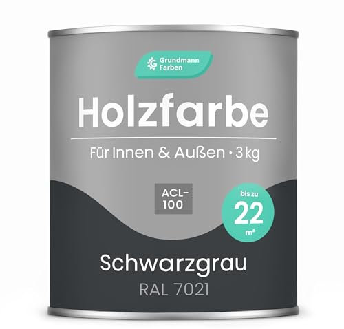 Grundmann Holzfarbe ACL 100 - Holzlack 3 Kg Schwarzgrau - 4in1 inkl. Grundierung - Seidenmatt - Wetterfest für Innen & Außen - RAL 7021 Schwarzgrau