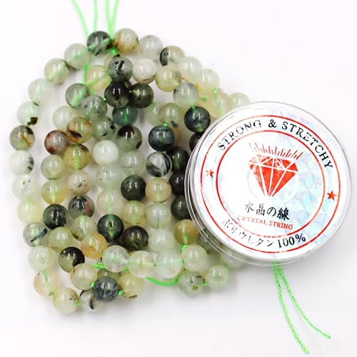 Fukugems Perlen mit Stretch-Kordel für Schmuckherstellung lose Steinperlen für DIY Energiestein Heilkraft Armband 4mm=180 Stücke und 1 Roll Cord Prehnite A 4mm