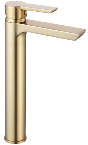 Rea Waschtischarmatur ARGUS BRUSH GOLD HIGH Wasserhahn Bad Badarmatur aus Messing Armatur für Waschbecken Badezimmer Mischbatterie Waschbecken Einhebel (Gold)