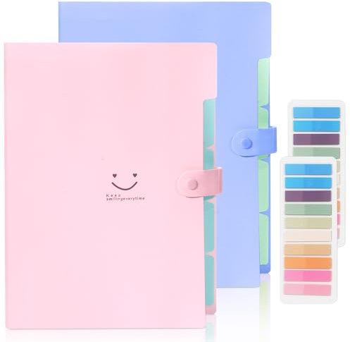 2 Stück Dokumentenmappe A4, Fächermappe mit 400-Etiketten, 5-Fächer Mappe, Sammelmappe A4 mit Druckknopf für Zuhause, Büro, Schule Und Auf Reisen