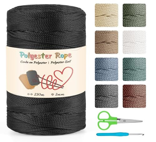 2mm 250m Polypropylen-schnur Makramee Garn Set, 100% Polyester Cord Polypropylene Yarn, Makramee-Kordel für DIY Handwerk, Strickwaren (Schwarz)