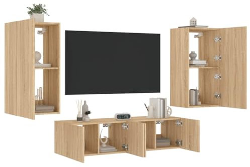 qohoio 4-TLG. Wohnwand mit LED-Beleuchtung Wohnwand Wohnzimmer MöBel Wohnzimmer Fernsehwand Wohnzimmerschrank Sonoma-Eiche Holzwerkstoff - 3216848