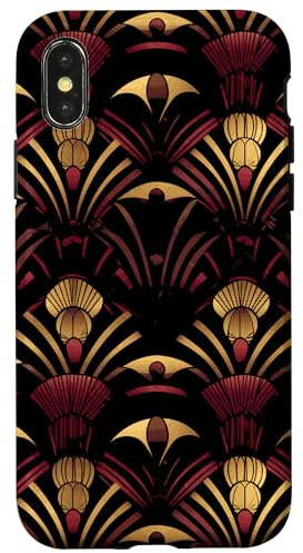 Maroon Red, Black & Gold Pattern Art Deco Case for iPhone X/XS