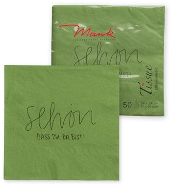Mank Tissue Serviette, Schön, dass du da bist! 24x24 cm, 1/4-Falz 150 Stück, Servietten perfekt für Hochzeit oder Private Partys, 3-lagig hochwertig Papierservietten (Oliv)