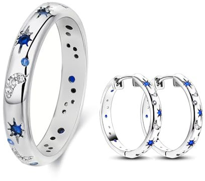 LOCCY Silber Frauen Ringe Mond Stern, S925 Mond Stern Ringe Damen Silber Ohrringe Set, Cubic Zirkonia Ring Stapelbare Vintage Ring Monde und Sterne BFF Rings für Frauen Größe 49-59mm (59)