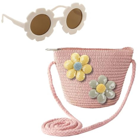 CWPFVQA 1 Sac en Paille Fleurie, 1 Lunettes De Soleil Enfant, Sac Bandoulière Fille, Sac À Main Petite Fille, Sac Poignet Tissé, Sac Paille Enfant