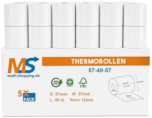 Kassenrollen/Thermorollen/Bonrollen 57mm x 40m x 12mm Bpa frei für alle gängigen Thermo Kassen-Bondrucker B: 57mm x L: 40m Ø57mm (5)