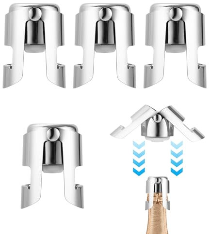 Lot de 4 Bouchons à Champagne, Acier Inoxydable, Bouchon Champagne Garde Bulles, avec Silicone de Qualité Alimentaire, Bouchon de Bouteille Réutilisable, pour Bouteilles de Champagne et Vin Mousseux