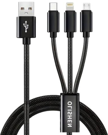 3m Multi USB 3.5A Strong Nylon Braided Fast Charge Universal 3-in-1 Charging Cable/Charger, Type-C USB C/MicroUSB/IP Port, for Mobile Phone/Tablets/Samsung etc. Black (3 Metre)