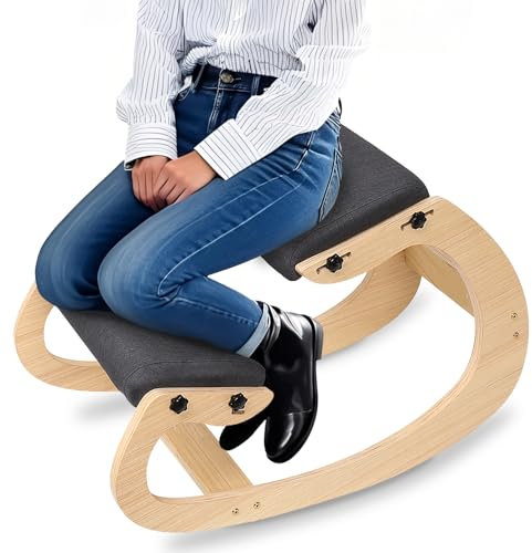 Zilchx Ergonomischer Kniestuhl, 3 Gänge, verstellbarer Schaukelhocker, Holz-Kniehocker mit abgewinkeltem Sitz und Leinenkissen, ergonomischer orthopädischer Haltungsstuhl zur Linderung von Rücken- und