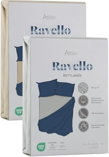 Spannbettlaken aus weichem Lyocell-Baumwoll Material mit 35 cm Steghöhe - atmungsaktives Spann-Betttuch Baumwoll-Bettlaken Laken Farbe 1 x Beige / 1 x Hellgrau Größe 200-220 cm x 220-240 cm x 35 cm