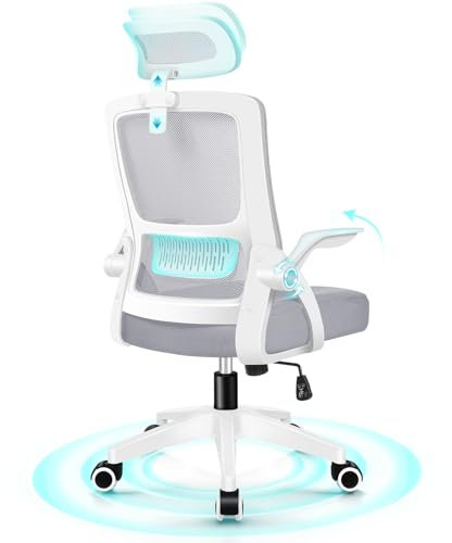 ELFORDSON Ergonomic Mesh Office Chair, Executive Desk Chair with Adjustable Headrest Built-in Lumbar Flip-up Armrests, Rocking Swivel, Computer Gaming Chairs for Home Office, White and Grey