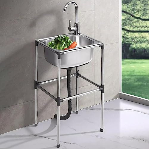 Küchenspüle für den Außenbereich mit Ständer, Einzelbecken aus Edelstahl, Restaurantspüle mit einzelnem Kaltwasserhahn, freistehender Waschtisch, Mehrzweckspüle, Schlitztiefe 1,7 cm/48 * 35 * 75 cm