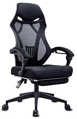 Ergonomischer Bürostuhl mit Liegefunktion, 136 kg Kapazität, Chefdrehstuhl, Schreibtischstuhl für Comterarbeit, Netz-Design, mit versteckter Fußstütze und Lendenwirbelstütze, Schwarz