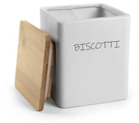 MECSAL CASALINGHI Barattolo Biscottiera, Porta Biscotti, Contenitore Cucina, in Ceramica Quadrato Rotondo, Tappo in Legno, bianco (1, QUADRATO BIANCO)