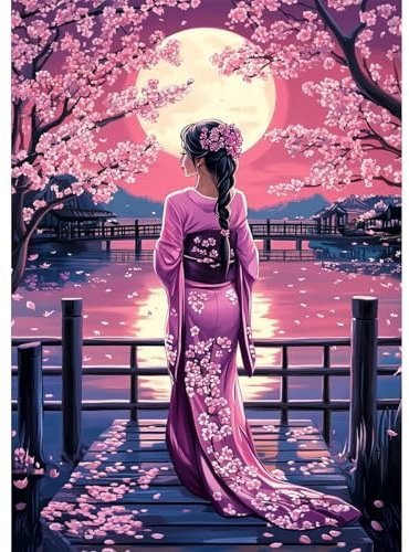 QENSPE Diamond Painting Japanische Frau, Kirschblüten Diamond Art Set Erwachsene, Kristall Diamant Malerei DIY Diamant Kunst Handwerk für Haus Zimmer Wand Dekor 30x40cm