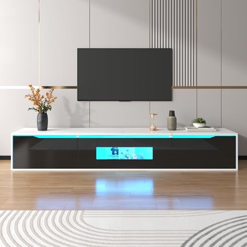 Jaxenor 180cm TV Schrank mit 16-Farbwechselnder LED-Beleuchtung, Modern Lowboard Wohnzimmer, Hochglanz TV Board Hängend mit DREI Türen, Fernsehschrank, Schwarz-Weiß