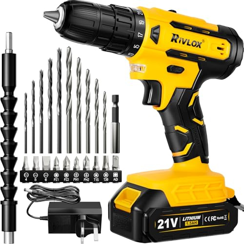 21V Cordless Drill,1.5Ah Battery 2A Charger,21+1 Torque Setting, 3/8” Chuck | Cordless Drill with 3/8”Keyless Chuck and 2 Variable Speed,1.5Ah Battery, 2A Charger, LED Light, 20 drill bits accessories