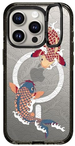 CASETiFY Impact Ring Stand Case for iPhone 15 Pro [3x Military Grade Drop Tested / 6.6ft Drop Protection/Compatible with Magsafe] - koi fish Japanese tattoo style transparent pattern - Clear Black